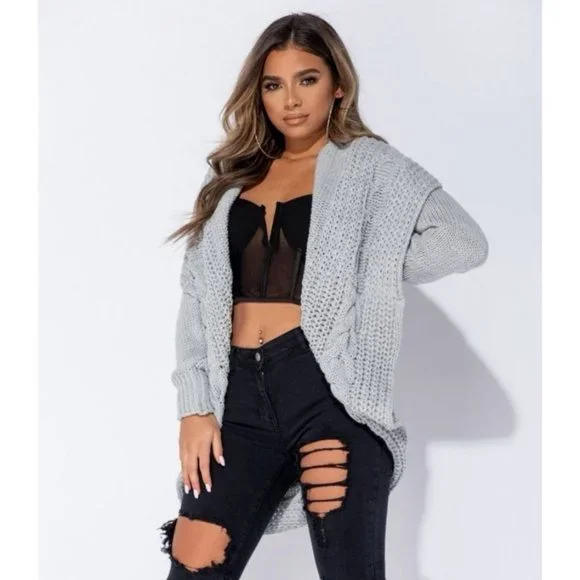 Grey Chunky Cable Knit Long Sleeve Shawl Collar Open Front Midi Cardigan - Picture 2 of 11